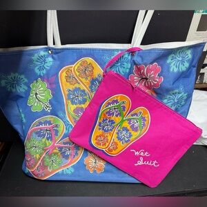 NEW Colorful Floral and Flip Flops Tote and Waterproof Pouch Beach Bag Set